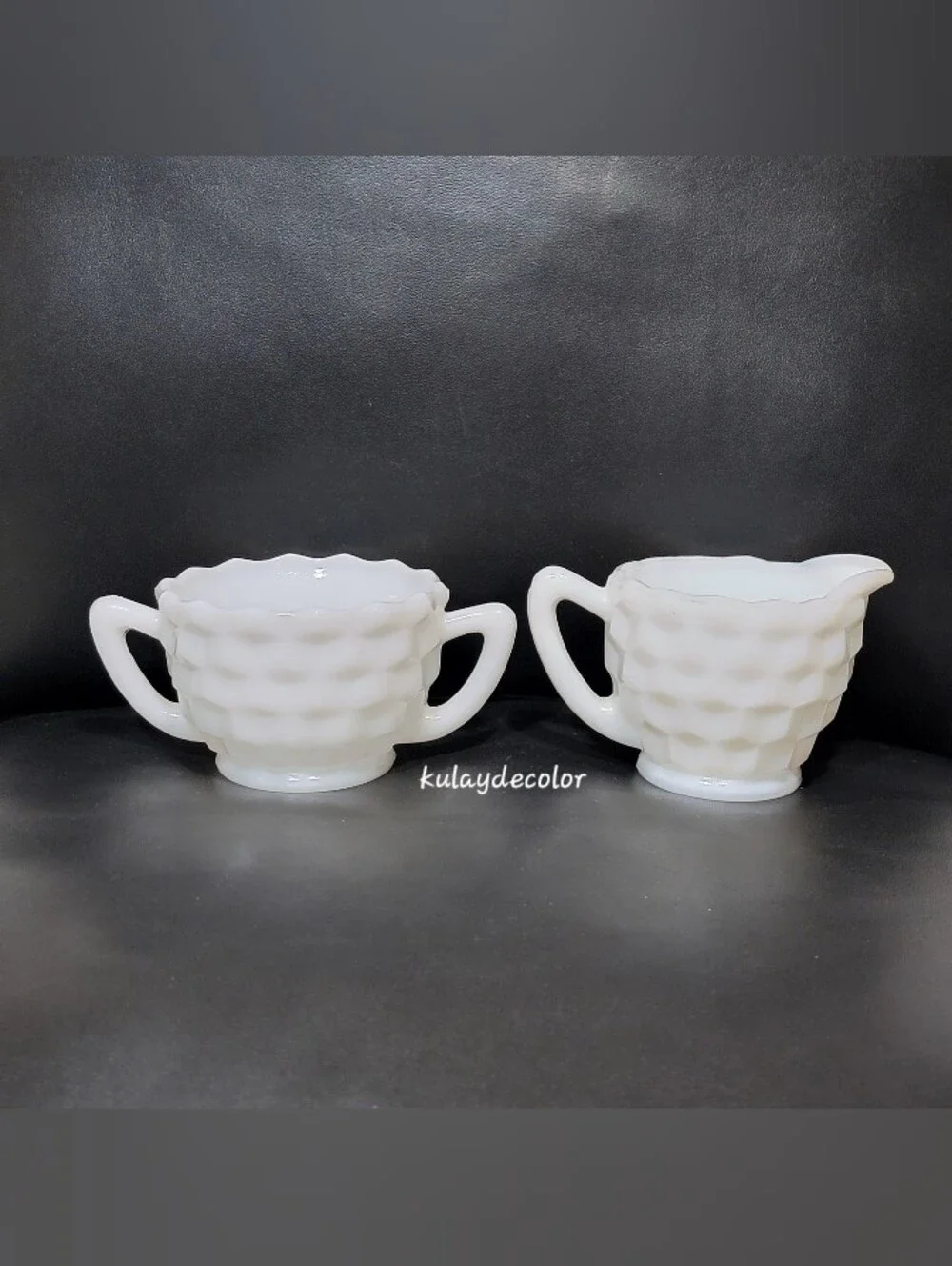 Vintage Jeannette White Milk Glass Creamer & Open Sugar Bowl Set Diamond Quilt